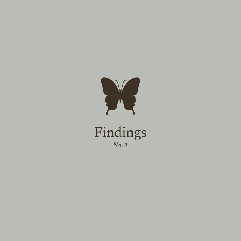 Gray-green square cover of Findings with a dark butterfly mark above the title