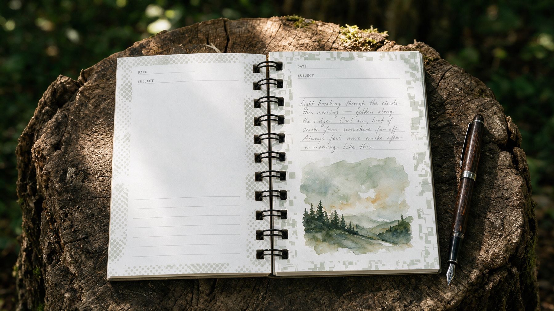 Open A6 field journal on a tree stump with a small watercolor landscape and handwritten notes on the right page