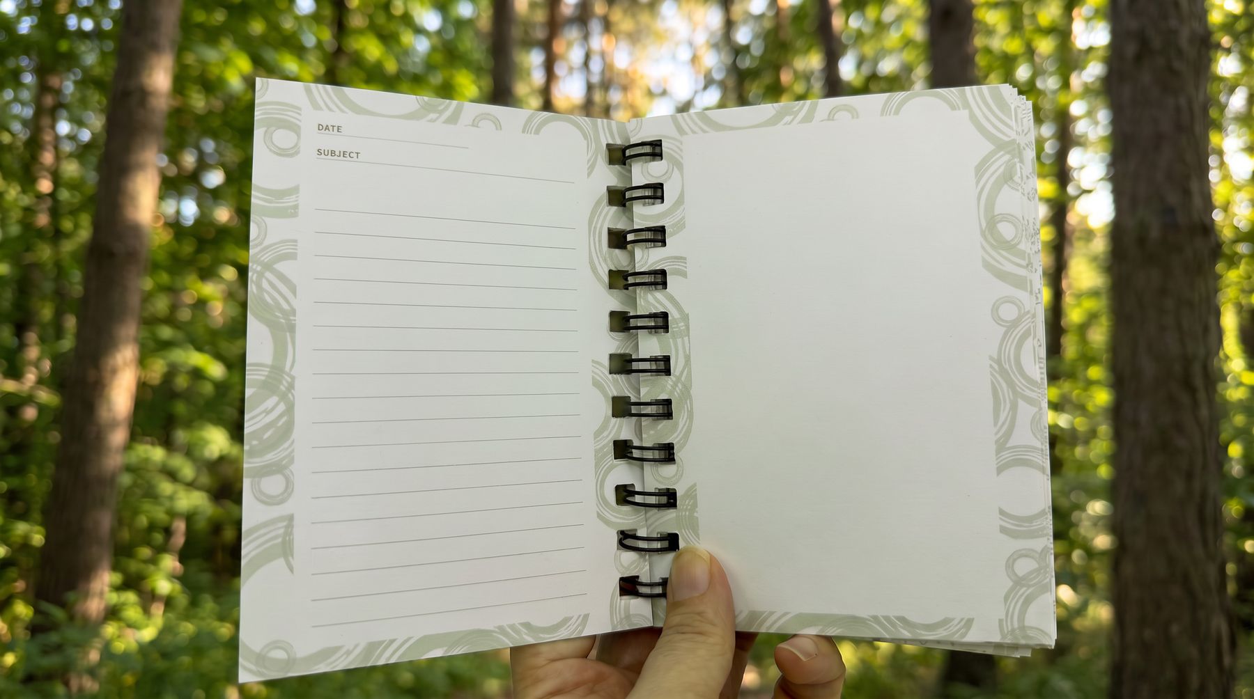 One hand holding the small open wire-bound journal in a sunlit forest