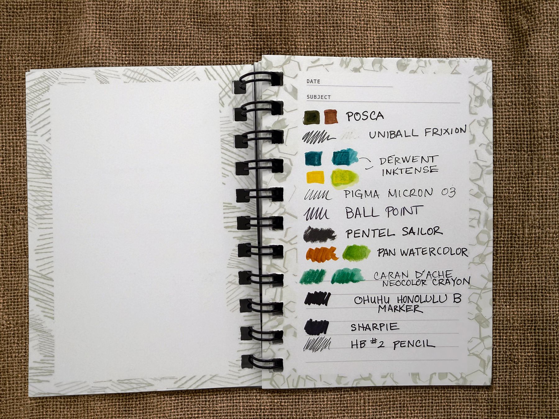 Media test page with labeled swatches: Posca, Inktense, Micron, ballpoint, pan watercolor, marker, Sharpie, pencil