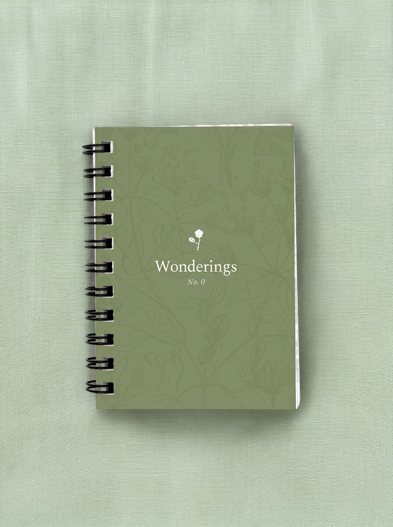 Sage green cover of Wonderings No. 0 with a botanical line-drawing pattern and a small white sprig above the title